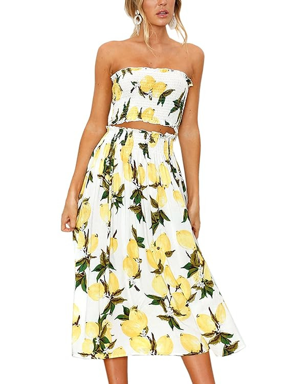 Angashion Women's Floral Crop Top Maxi Skirts Set 2 Piece Outfit Dress | Amazon (US)