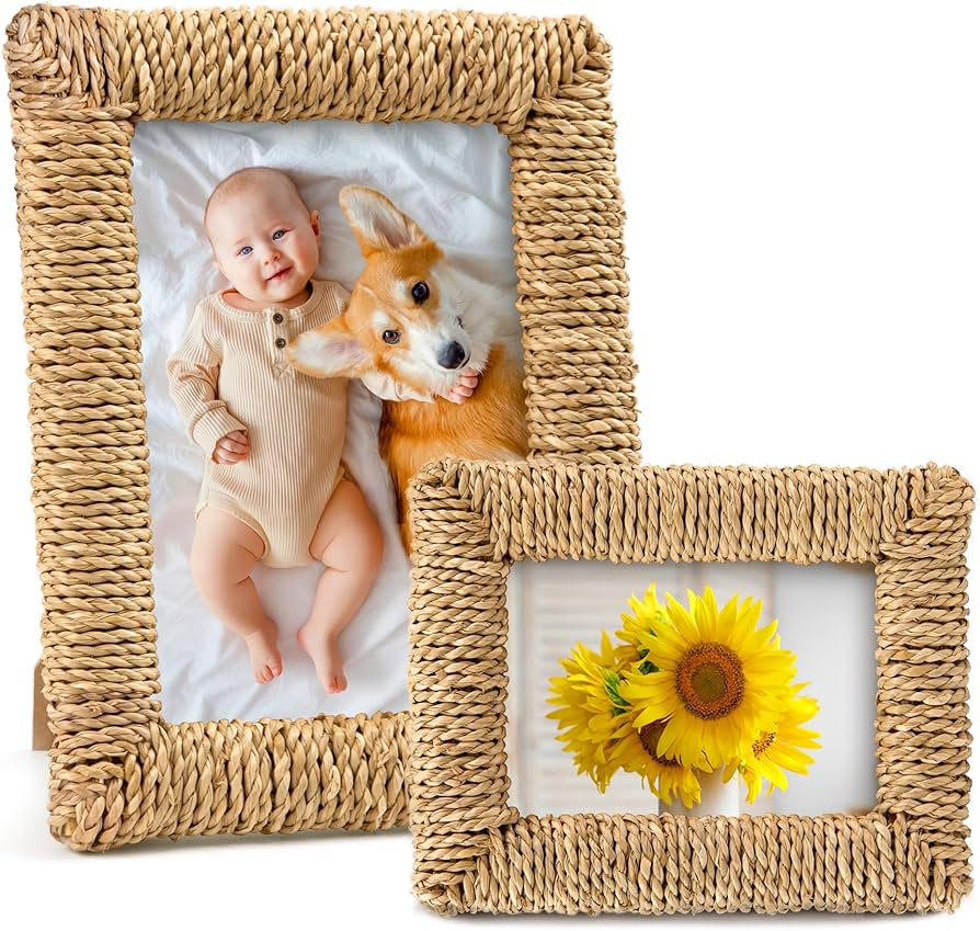 2 Pcs Rattan Picture Frame, 4x6 & 5x7 Boho Photo Frame Handmade Farmhouse Wicker Picture Frame Se... | Amazon (US)