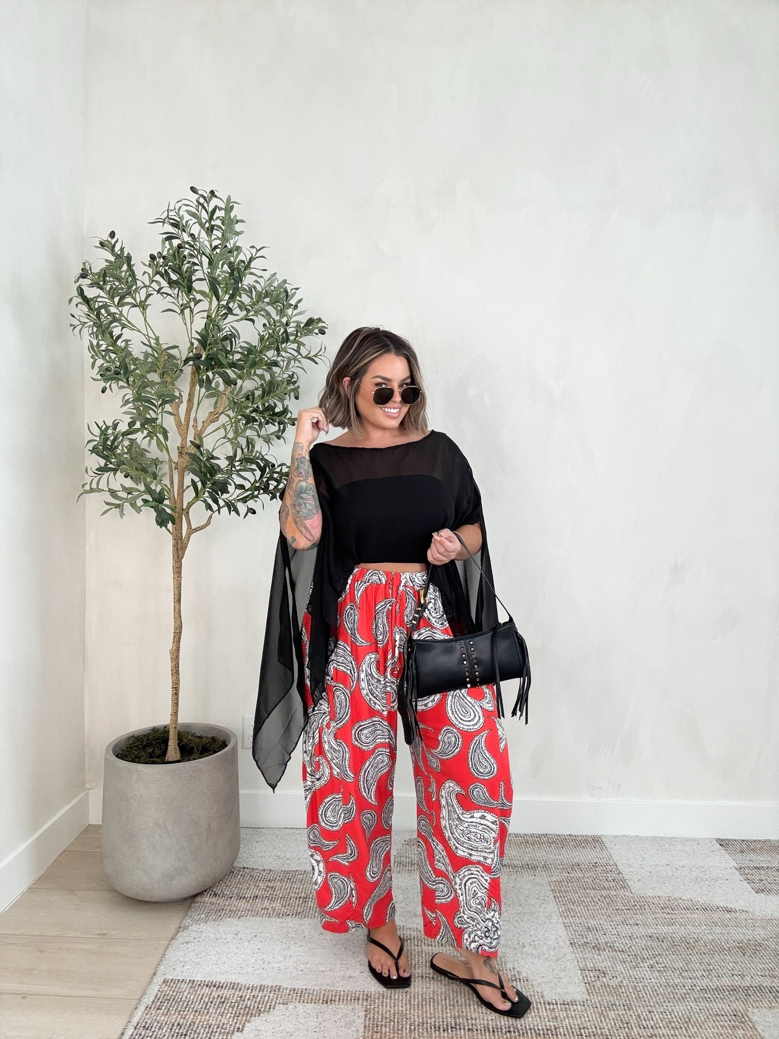 Pants L hang dry only or they will shrink super short. 
Tube top L 
Mesh poncho is great for arm coverage without being too hot. 
#amazon #boho #armcoverage