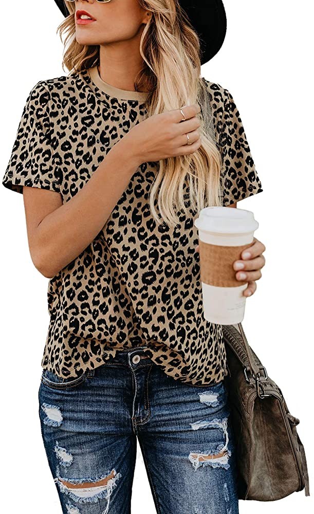Women's Casual Cute Shirts Leopard Print Tops Basic Short Sleeve Soft Blouse | Amazon (US)