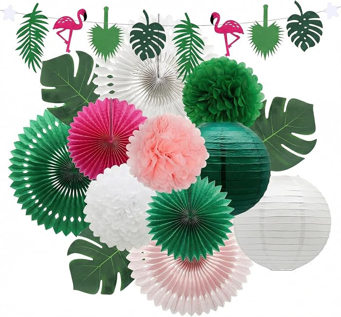14 Pcs Tropical Party Decorations Set - Pre-Strung Flamingo Banner, Paper Fans, Lanterns & Palm L... | Amazon (US)