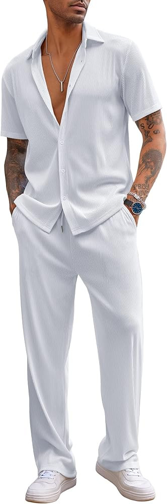 COOFANDY Men's 2 Piece Outfit Casual Short Sleeve Button Down Shirt Beach Summer Loose Pant Sets | Amazon (US)