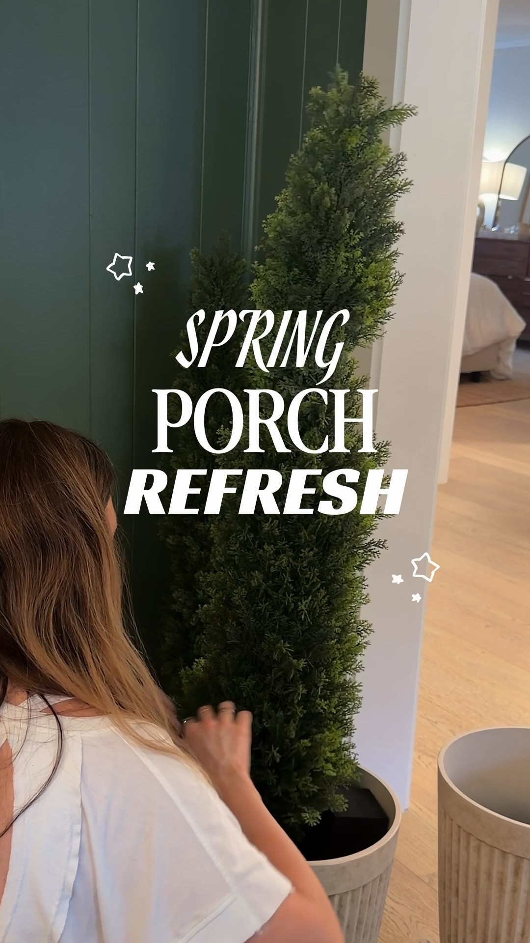 My spring porch refresh must haves! 

Porch Plant Setup:
🌲 Corner planters — 2 Mediterranean beige fluted pots. Used a combo of large (9x3x3”) and small (6x3x2.5”) dry floral foam bricks to wedge in the 4ft faux cedar topiaries, topped with black rock and potting soil to secure. Finished with black decorative rock on top.
🌿 Terracotta urn — potting soil filled, planted real Silver Falls Dichondra from Home Depot. Zero maintenance, native to Texas!
🪴 Copper pot — filled halfway with black decorative rock, wedged in a faux maidenhair fern, topped with more black rock to keep it sturdy.
✨ Pro tip — spray all faux plants with UV protection spray to keep them from fading in the sun!

#LTKHome #LTKmomlife #LTKSeasonal