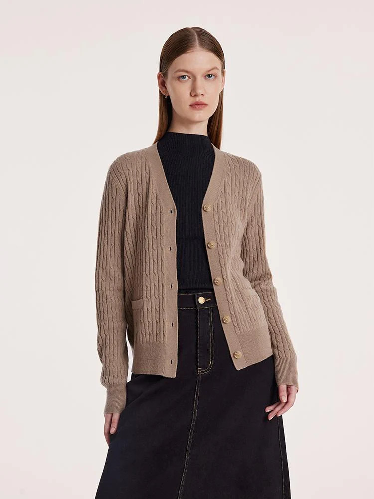 Camel Pure Cashmere V-Neck Cable Knit Women Cardigan Camel / S | GOELIA