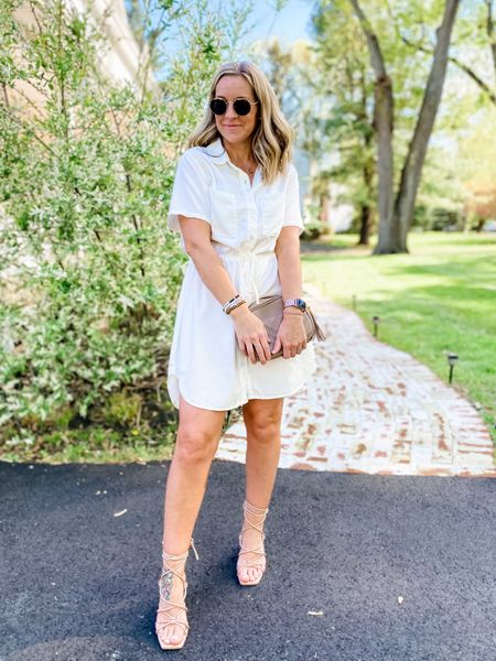 Size down 1. White dress, shirt dress, spring dress, summer dress, Amazon find, strappy nude heels, ankle ties, Mother’s Day dress, graduation dress  

#LTKstyletip #LTKSeasonal #LTKFind