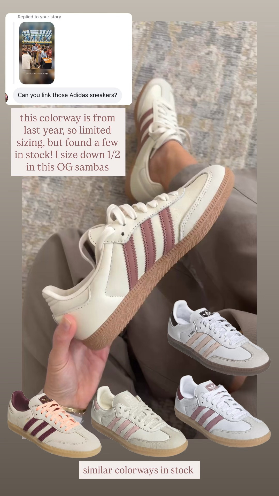 Adidas OG Sambas in cream white/warm clay. Also linked similar colorways in stock. I size down 1/2 in this size 

sneakers 👟