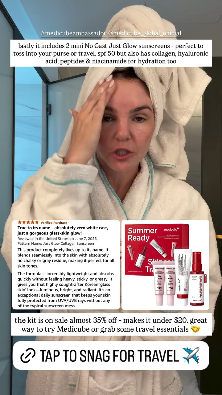 lastly it includes 2 mini No Cast Just Glow sunscreens - perfect to toss into your purse or travel. spf 50 but also has collagen, hyaluronic acid, peptides & niacinamide for hydration too

the kit is on sale almost 35% off - makes it under $20. great way to try Medicube or grab some travel essentials

#LTKBeauty #LTKTravel #LTKselfcare