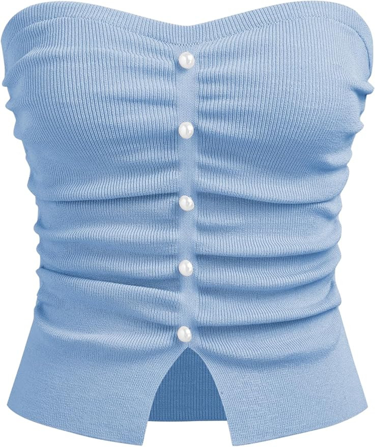 CIDER Faux Pearl Tube Tops for Women Crop Knit Split Hem Ruched Going Out Tops Cute Summer Outfit... | Amazon (US)