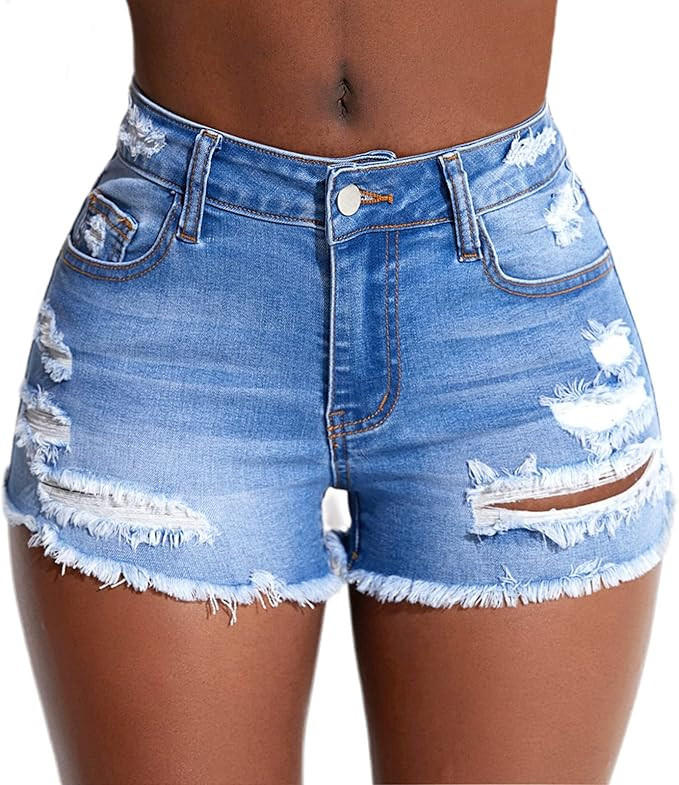 Women's Stretch Ripped Denim Shorts Mid Waist Casual Frayed Raw Hem Distressed Jean Shorts | Amazon (US)