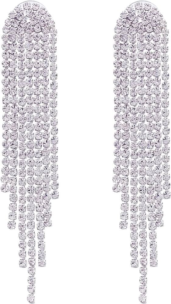 SELOVO Clear Rhinestone Crystal Boho Tassel Long Sparkle Dangle Earrings 2.8"/3.3" | Amazon (US)