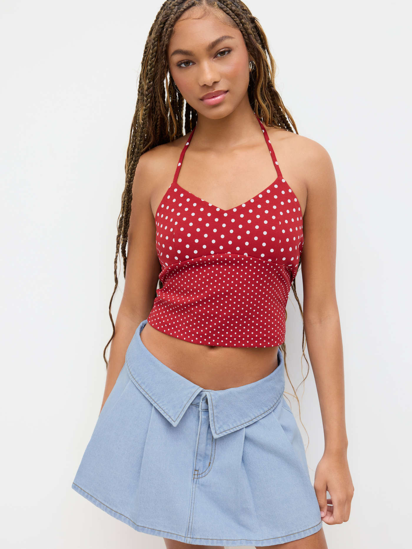 Knit Fabric Cotton-blend Halter Neckline Polka Dot Patched Crop Top For Vacation | Cider