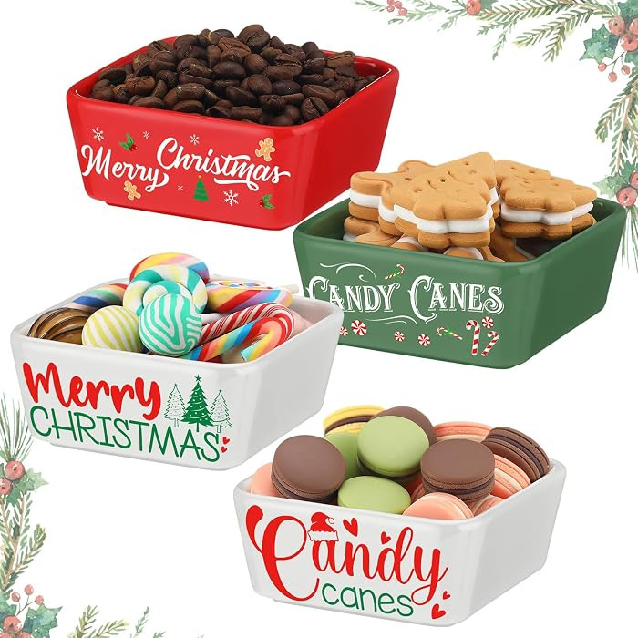 Potchen 4 Pcs Christmas Candy Bowls Ceramic Mini Square Dish | Amazon (US)