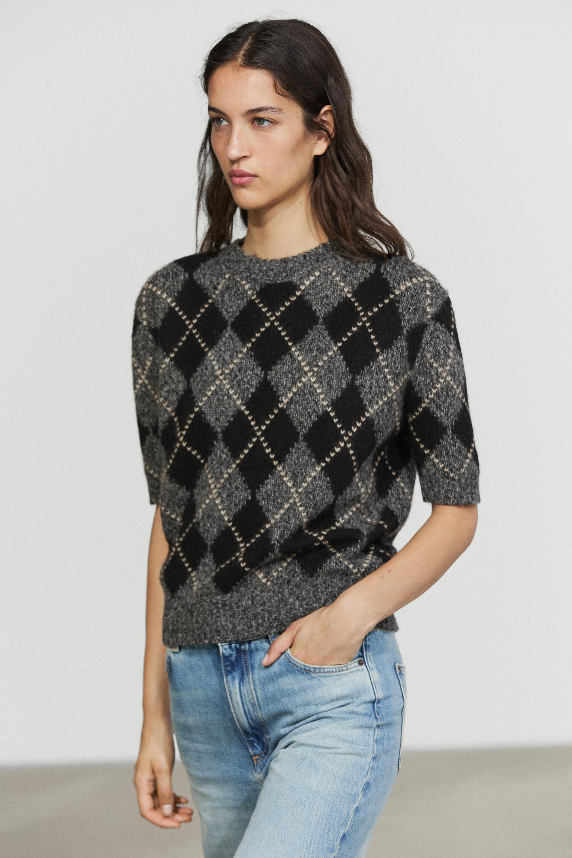 Cashmere-blend short sleeve argyle knit sweater | Massimo Dutti US
