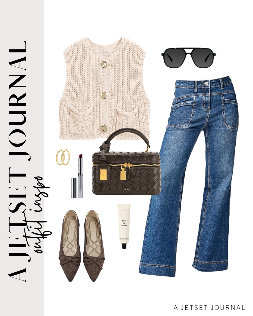 This chunky knit sweater vest is a go-to pairing of wide-leg jeans from EVALESS. You can pair this fit with pointed-toe flats and a top-handle bag to add style. 

 #LTKSeasonal #LTKSaleAlert #LTKTravel