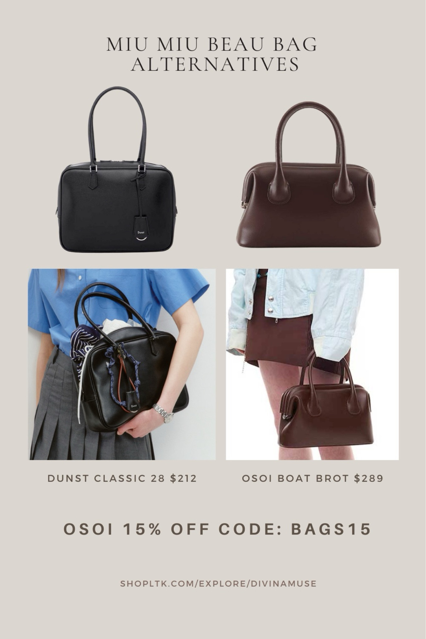 MIU MIU BEAU BAG ALTERNATIVES & DUPES 
I bought the DUNST classic 28. Now I really want the OSOI boat brot because of the side gathered detailing for the zipper. The MIU MIU beau bag dupe was hard to find but I knew it was out there. I found it on W CONCEPT which to me is like a Korean version of SSENSE. They have designer brands on there that are more affordable, great quality, lesser known. Which is awesome that I discovered it cause it’s more unique. And we love that. I purchased the Classic 28 because I wanted it as close to the Beau bag. I want to add charms to the bag and I love the very boxy, roomy style. The leather on it seems soft and will give it that “slouchy bag” vibe. I don’t want it to rigid so I know this will be just amazing. 
-
Leather everyday bags, work bags, Everyday bags, daily bags, leather daily bags, medium bags, bowling bags, Boston bag, luxury bags for less, luxury bag dupes, luxury bag alternatives 


#LTKSummerSales #LTKWorkwear #LTKItBag