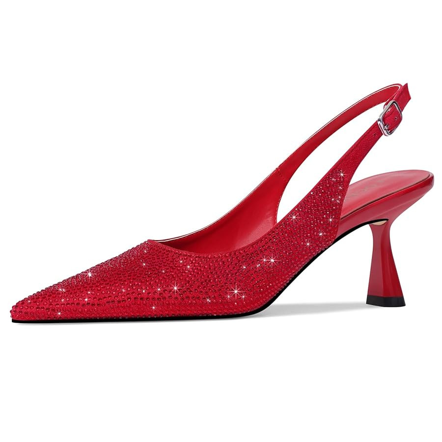LOCERICH Women's Kitten Heels Slingback Low Heel Dress Shoes Closed Toe Pumps Rhinestone Pointed ... | Amazon (US)