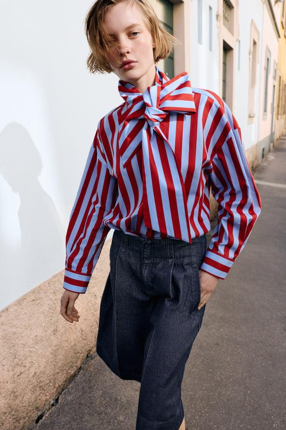 BOW NECK STRIPED SHIRT | Zara US