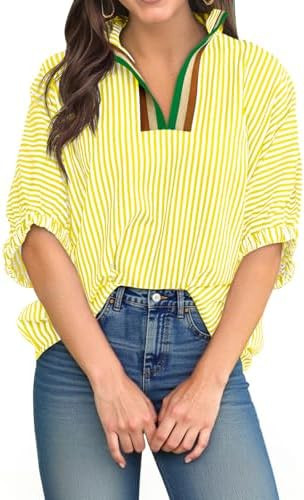 Tankaneo Womens V Neck Striped Blouse Oversized Dolman Sleeve Tops Summer Casual Loose Fit Polo S... | Amazon (US)