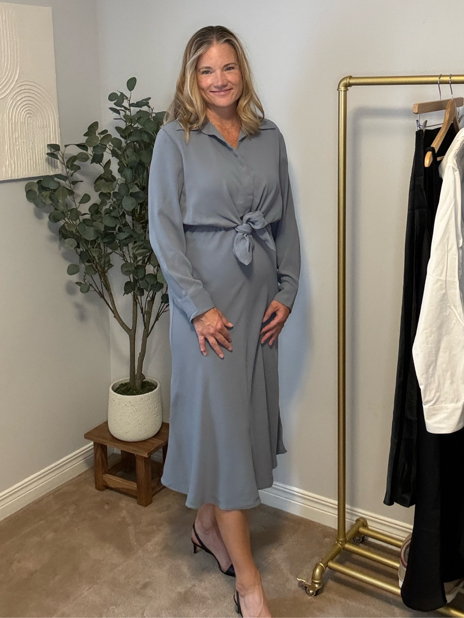 striped wrap dress Women's Elegantly In Route Pink & Blue Stripe Cotton Blend Belt Tie Midi Dress | Size: L