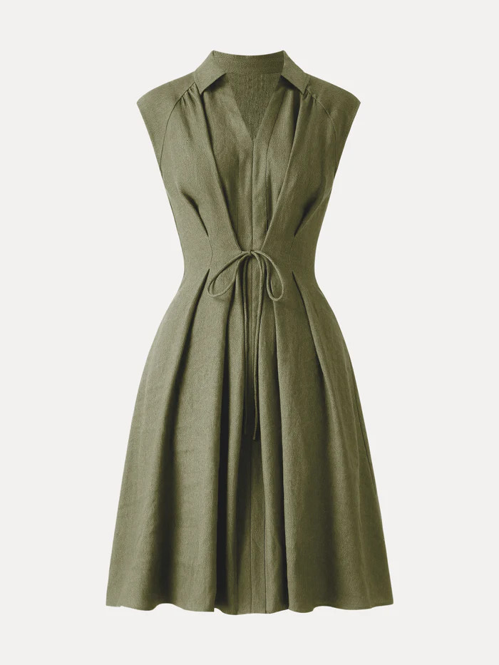 Viscose-Linen Collared V-neck Midi Dress with Drawstring | OGLmove