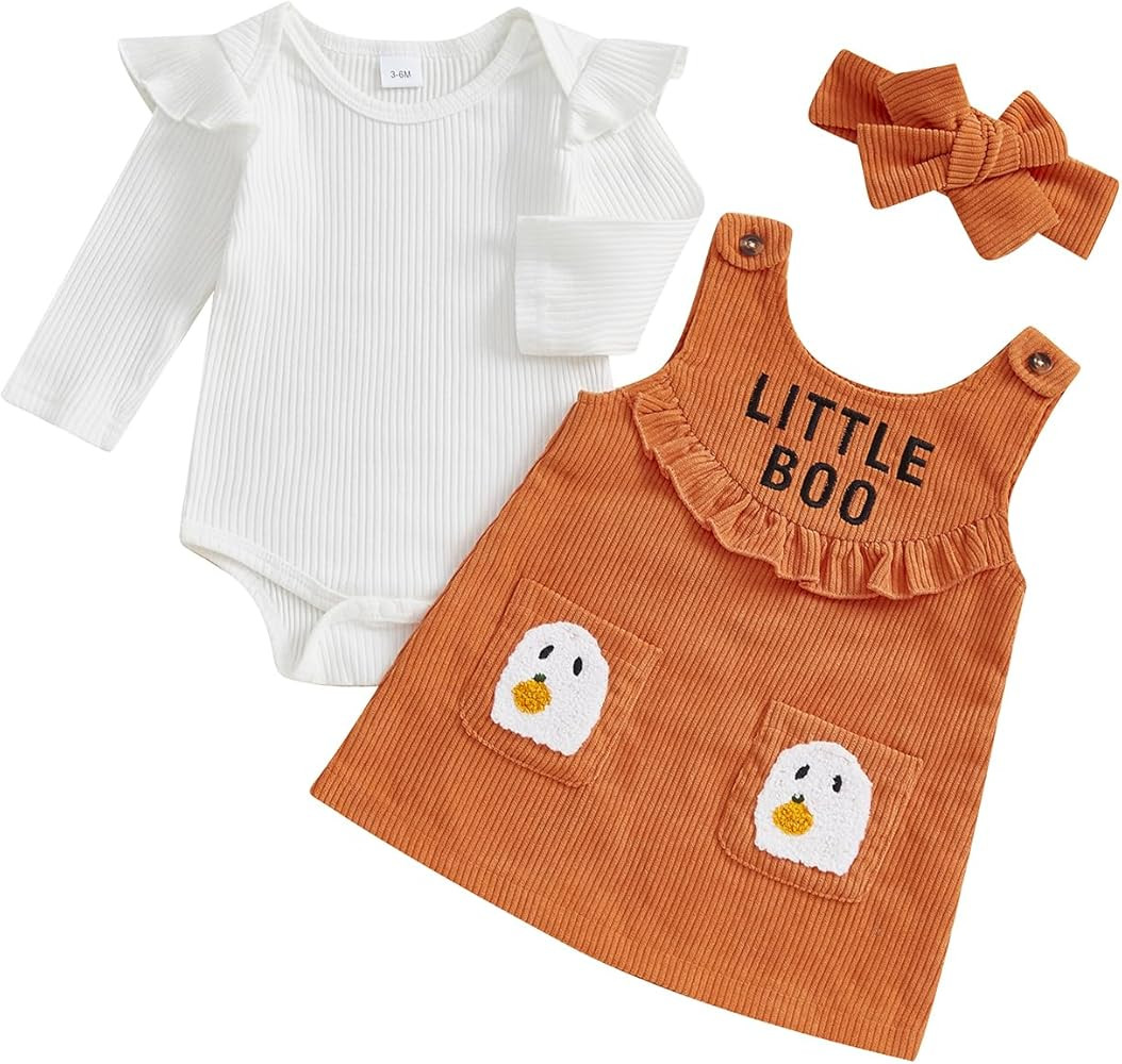 MoZiKQin Baby Girl Halloween Outfit Long Sleeve Ribbed Romper Ghost Embroidery Overall Dress Head... | Amazon (US)