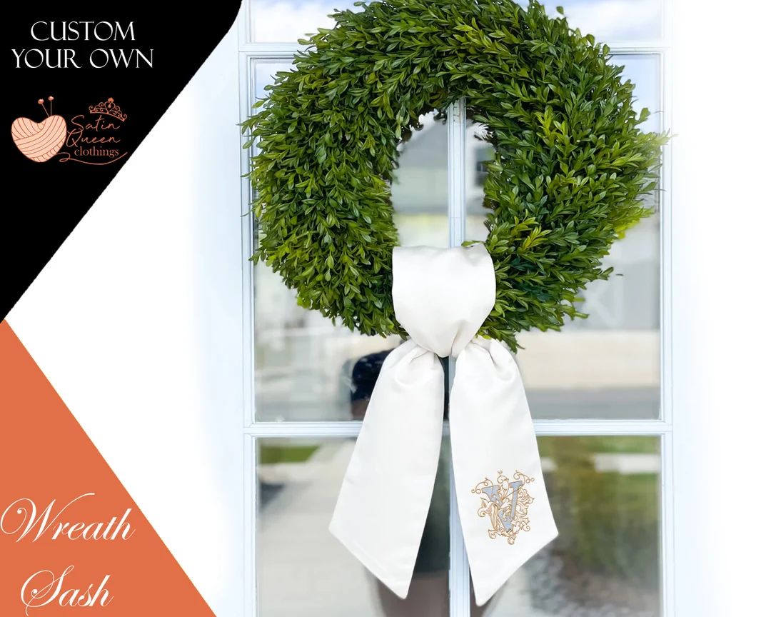 Wreath Sash, Boxwood Wreath Embroidered Sash, Embroidery Sash, Door Hanger, Personalized Wreath S... | Etsy (US)