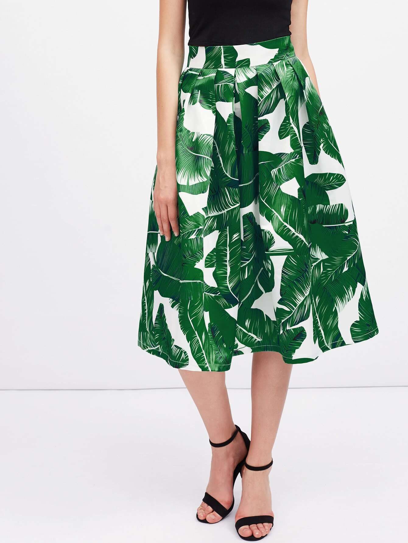 Foliage Print Box Pleated Midi Skirt | SHEIN