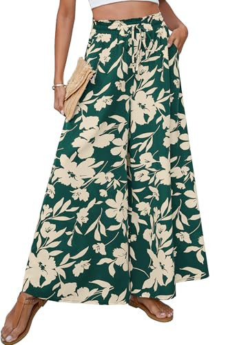 Ladies Palazzo Pants with Pockets Classic High Wasited Floral Bohemian Wide Leg Trousers Floral Dark Green XL | Amazon (US)