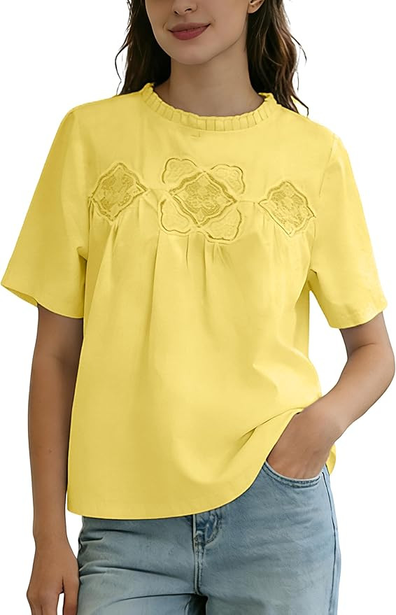Women Ruffle Crew Neck Blouse Short Sleeve Lace Embroidered Loose Fit Babydoll Casual Tops for Sp... | Amazon (US)
