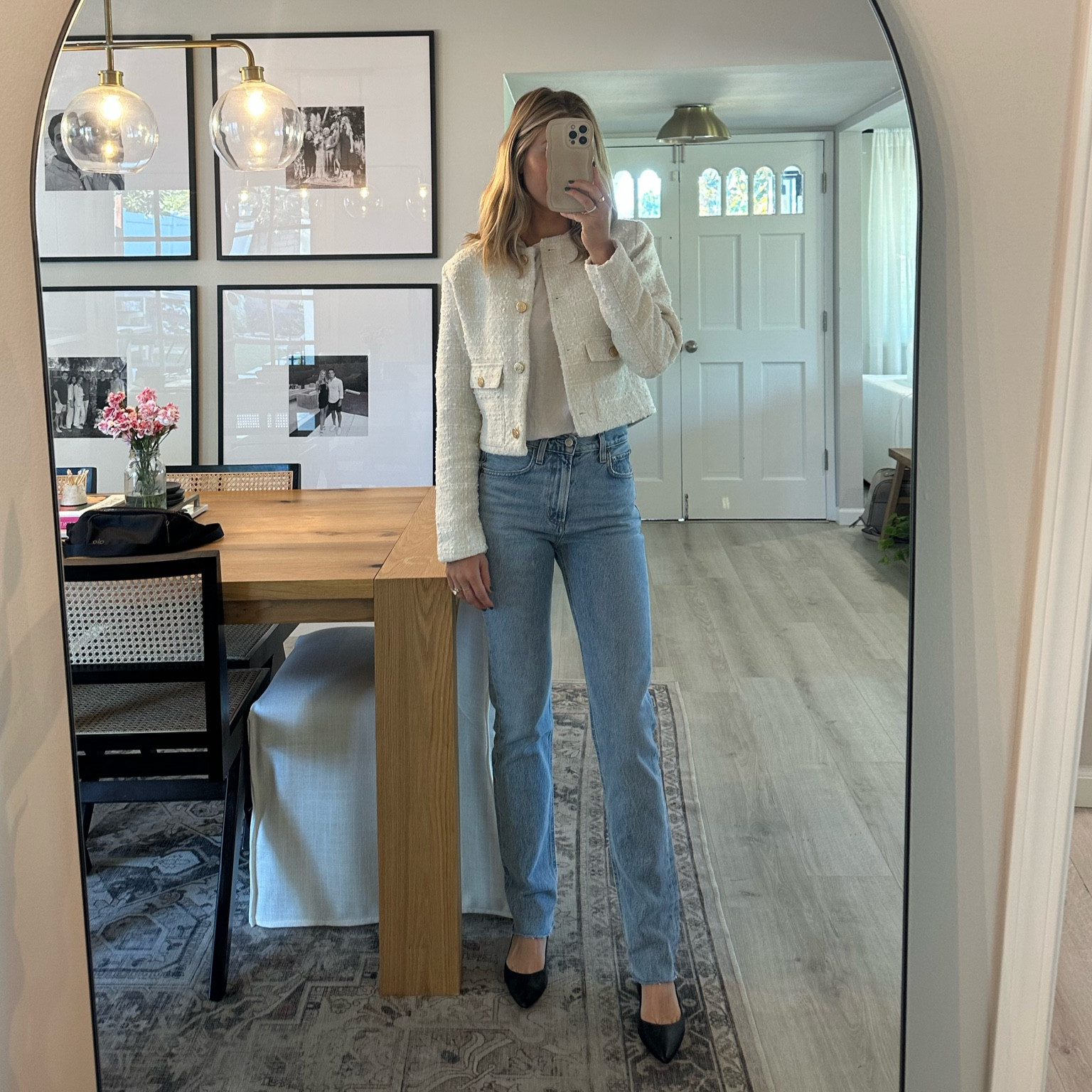 fall preppy outfit of the day 🤍 size down in jeans - wearing size 24 (worth the $ IMO). Tweed jacket wearing size small - will be wearing all season. Tee is size small. Shoes are OOS so linked similar!

#LTKworkwear #LTKfindsunder100 #LTKSeasonal