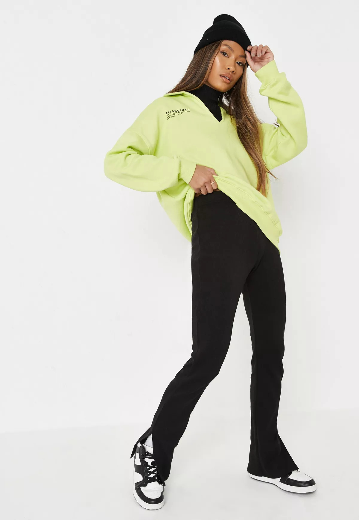 Black Rib Split Hem Flared Leggings | Missguided (US & CA)
