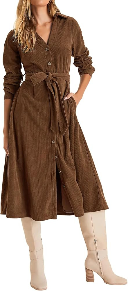 R.Vivimos Womens Fall Winter Corduroy Midi Dress Long Sleeve V Neck Button Down Belted Flowy Shir... | Amazon (US)