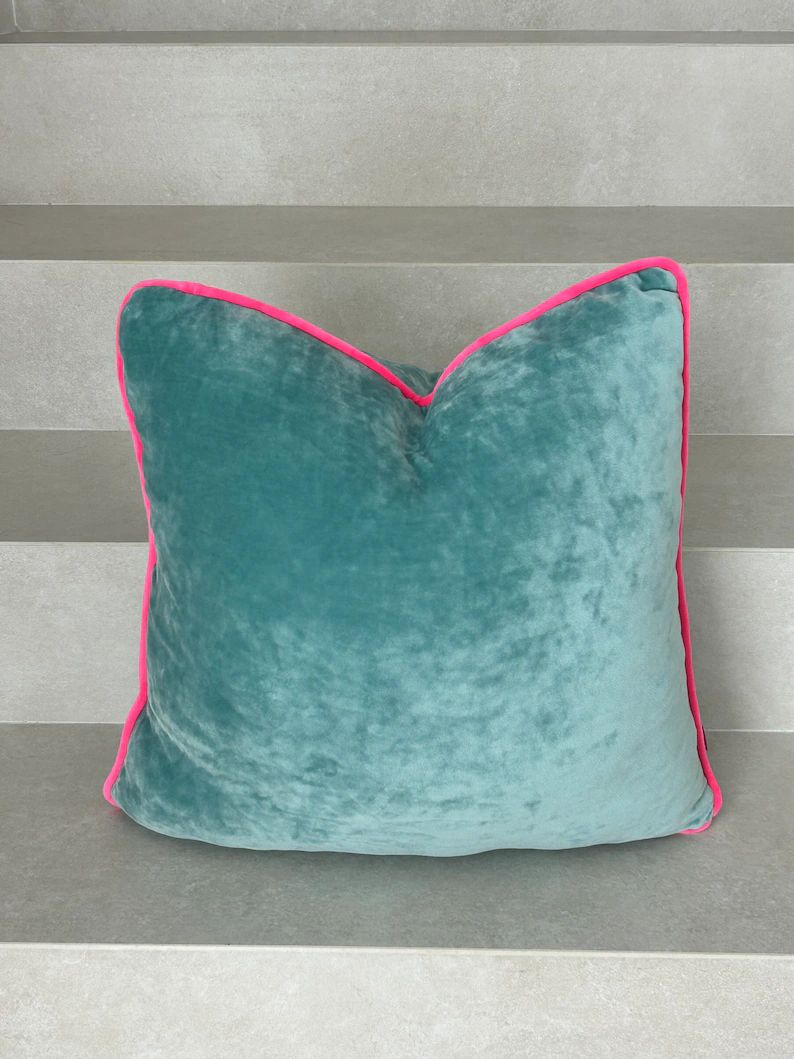 Mint and Fuchsia Velvet Pillow Cover, Velvet Cushion Cover with Hot Pink Piping | Etsy (US)