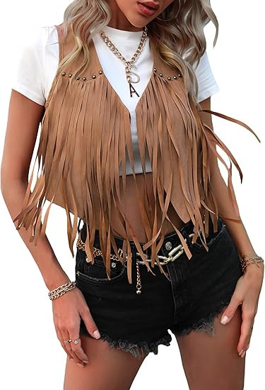 Verdusa Women's Tassel Suede Vest Sleeveless Fringe Hippie Crop Jacket | Amazon (US)