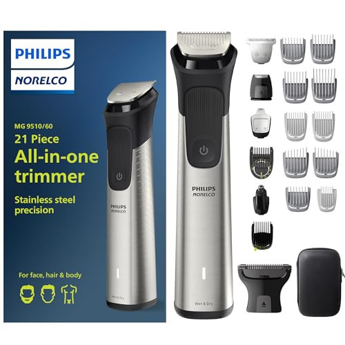 Philips Norelco Multigroom Series 9000-21 Piece Men's Grooming Kit for Beard, Body, face, Nose, Ear Hair Trimmer w/Premium Storage case, MG9510/60 | Amazon (US)