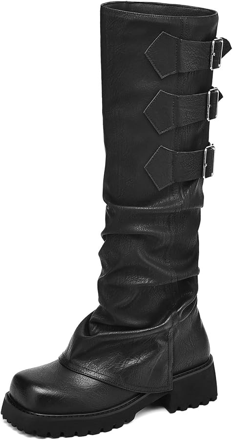 Knee High Boots for Women Fold Over Boots Slouchy Square Toe Biker Boots Platform Riding Boots Go... | Amazon (US)