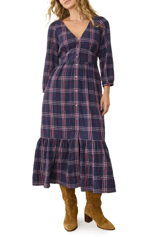 Marine Layer Maeve Plaid Long Sleeve Tiered Midi Dress in Twilight Plaid at Nordstrom, Size X-Large | Nordstrom