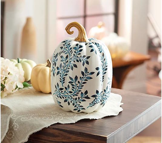 8.5" Ceramic Toile Pumpkin by Valerie Orange Blue | QVC