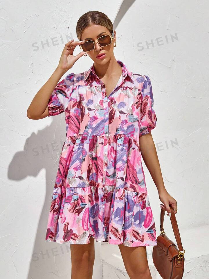 SHEIN LUNE Allover Print Puff Sleeve Ruffle Hem Smock Dress | SHEIN