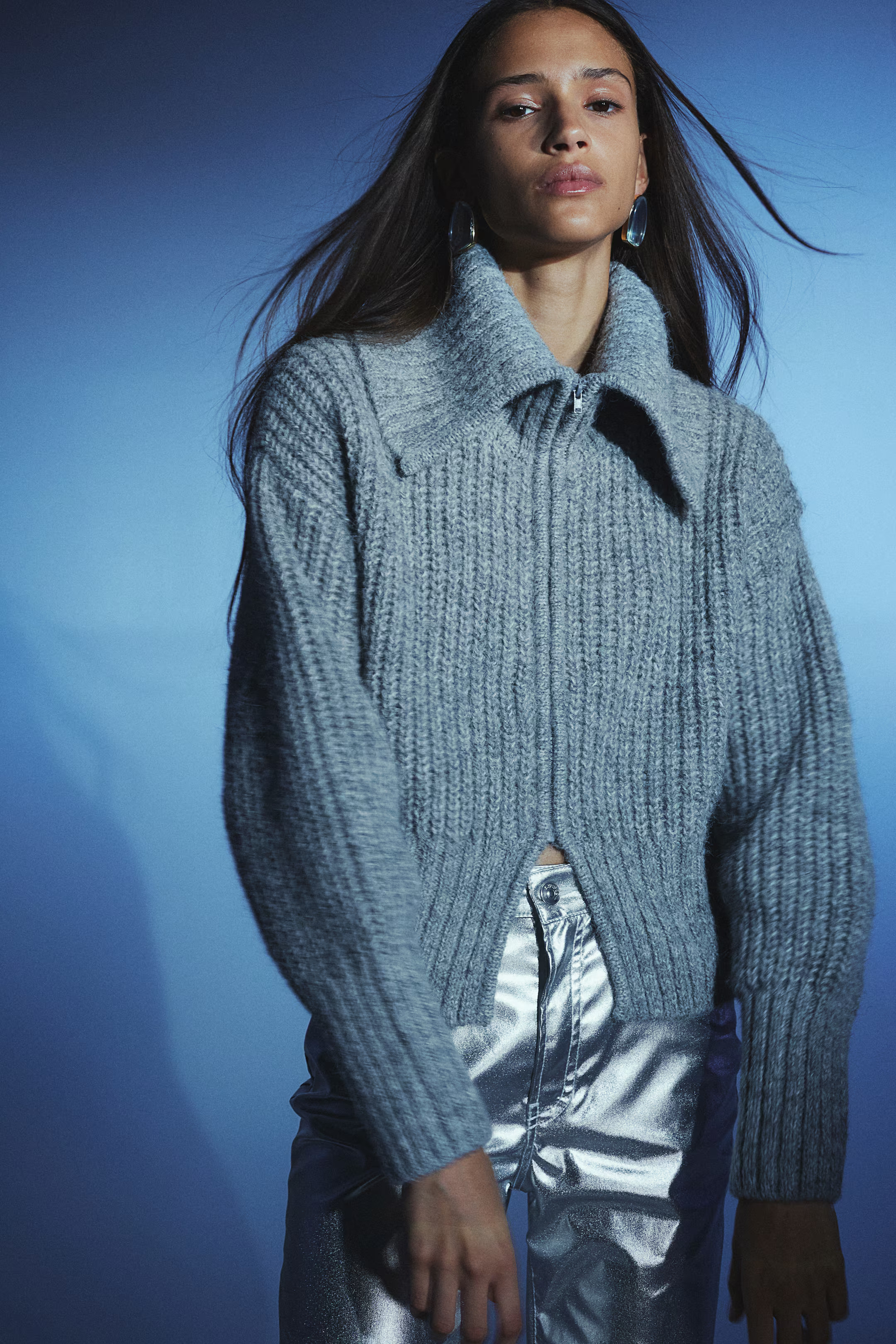 Collared zip-through cardigan - Long sleeve - Long - Light grey marl - Ladies | H&M GB | H&M (UK, MY, IN, SG, PH, TW, HK)