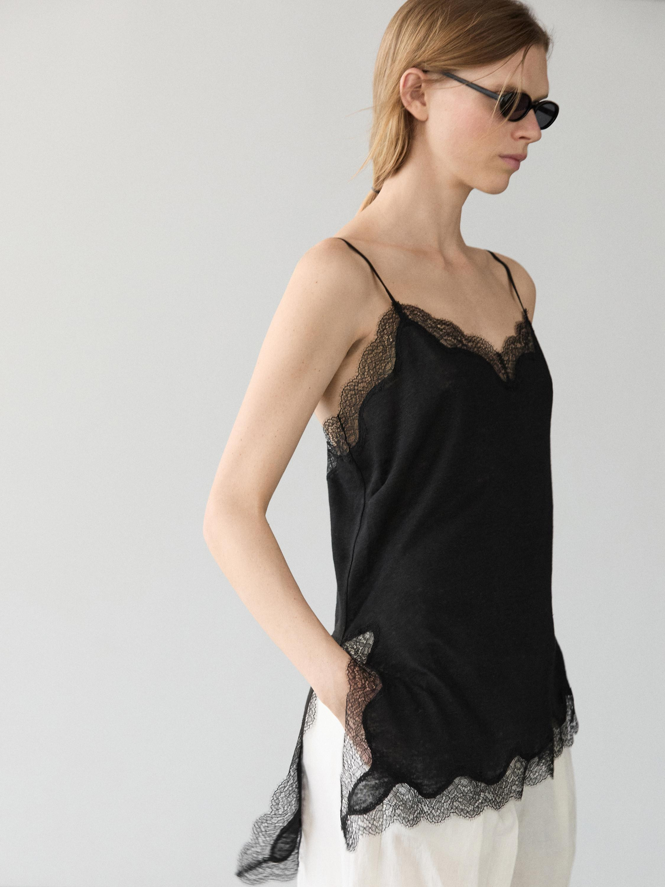 Asymmetric linen blend camisole top | Massimo Dutti UK