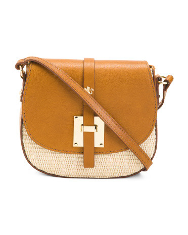 Made In Italy Leather Flap Over Crossbody With Raffia Panels | TJ Maxx