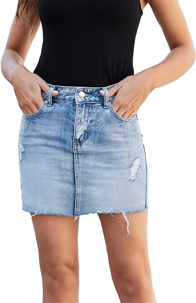 VIPONES Denim Skirt Women Shorts Jean Raw Hem Frayed Stretch Ripped Mid Waist Casual Mini Skirts | Amazon (US)
