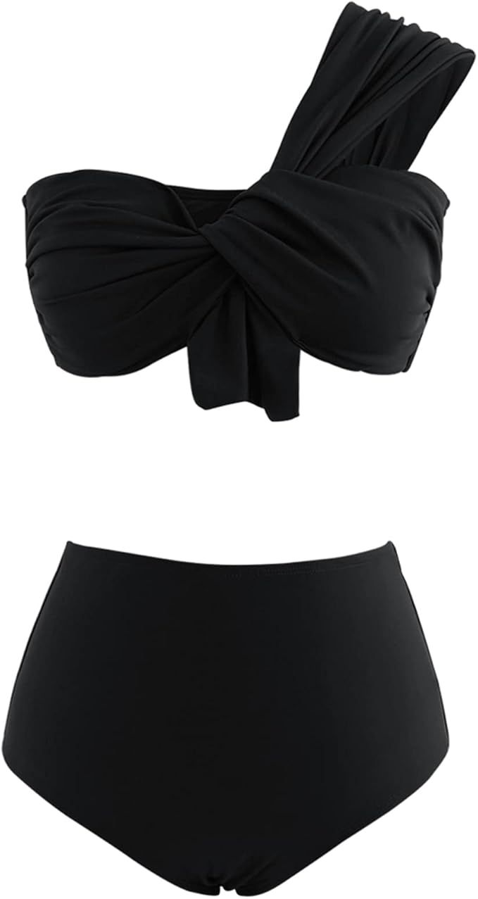 CHICWISH Women's Black/White/Rust Red/Brown Sweet Knot One-Shoulder Bikini Set Swimsuit | Amazon (US)
