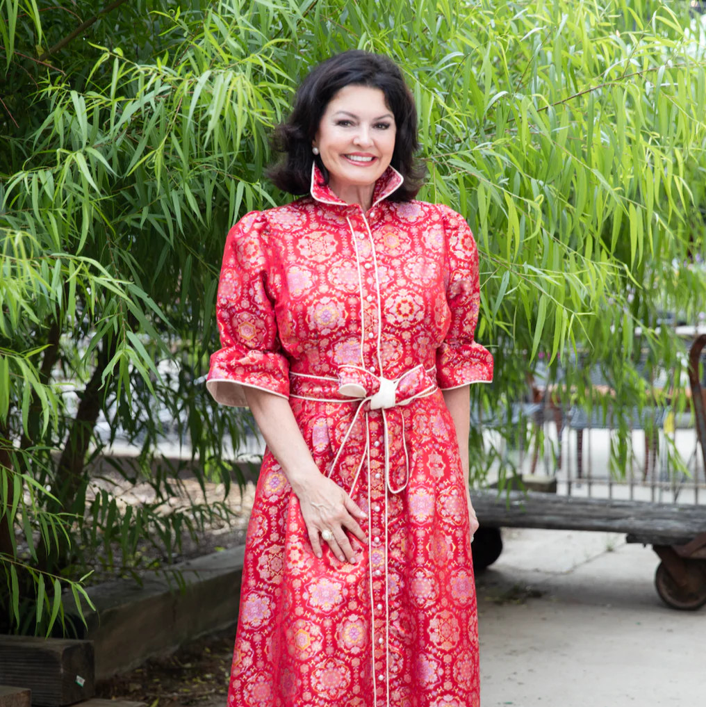 CAROL DRESS IN RED BROCADE | Kim Lolley Designs