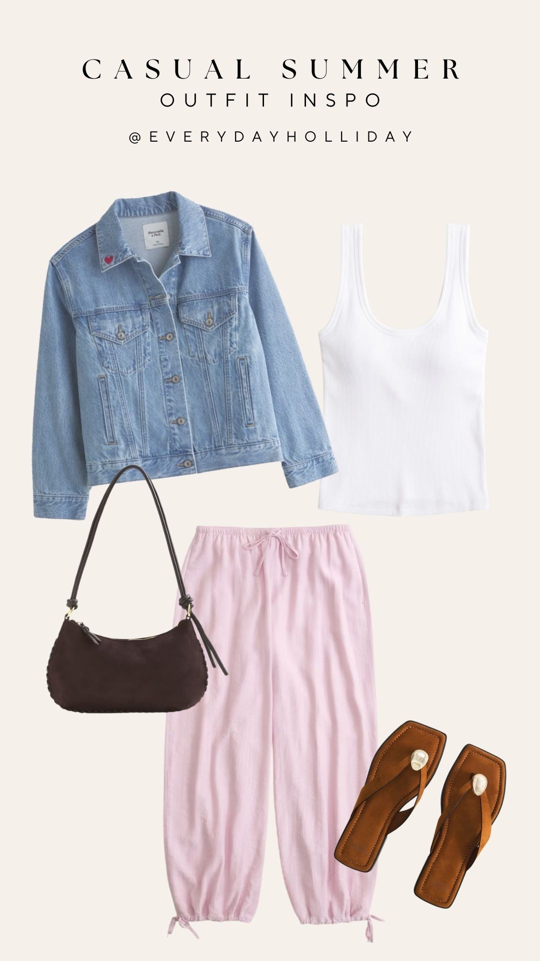 This casual summer combo from Abercrombie is giving everything — the denim jacket over a white tank is such an easy formula, and those lilac balloon pants make the whole thing feel a little unexpected in the best way. The chocolate shoulder bag ties it all together without trying too hard.

#LTKgrwm #LTKootd #LTKBeauty