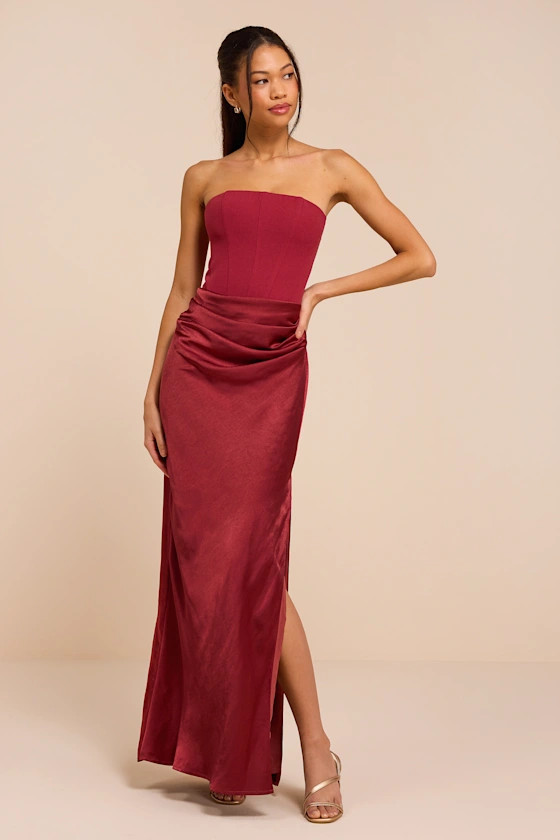 Mella Burgundy Mixed Media Strapless Maxi Dress | Lulus