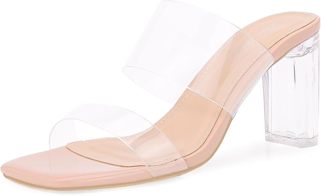 Clear Heels for Women Transparent Two Strap Block Chunky Square Heel Sandals Open Toe Slip On Mul... | Amazon (US)