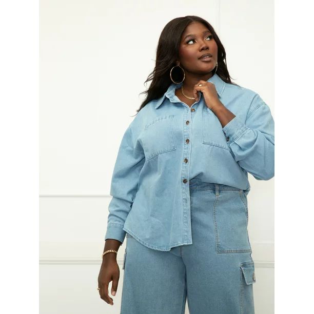 ELOQUII Elements Women's Plus Size Oversized Chambray Shirt with Pocket | Walmart (US)