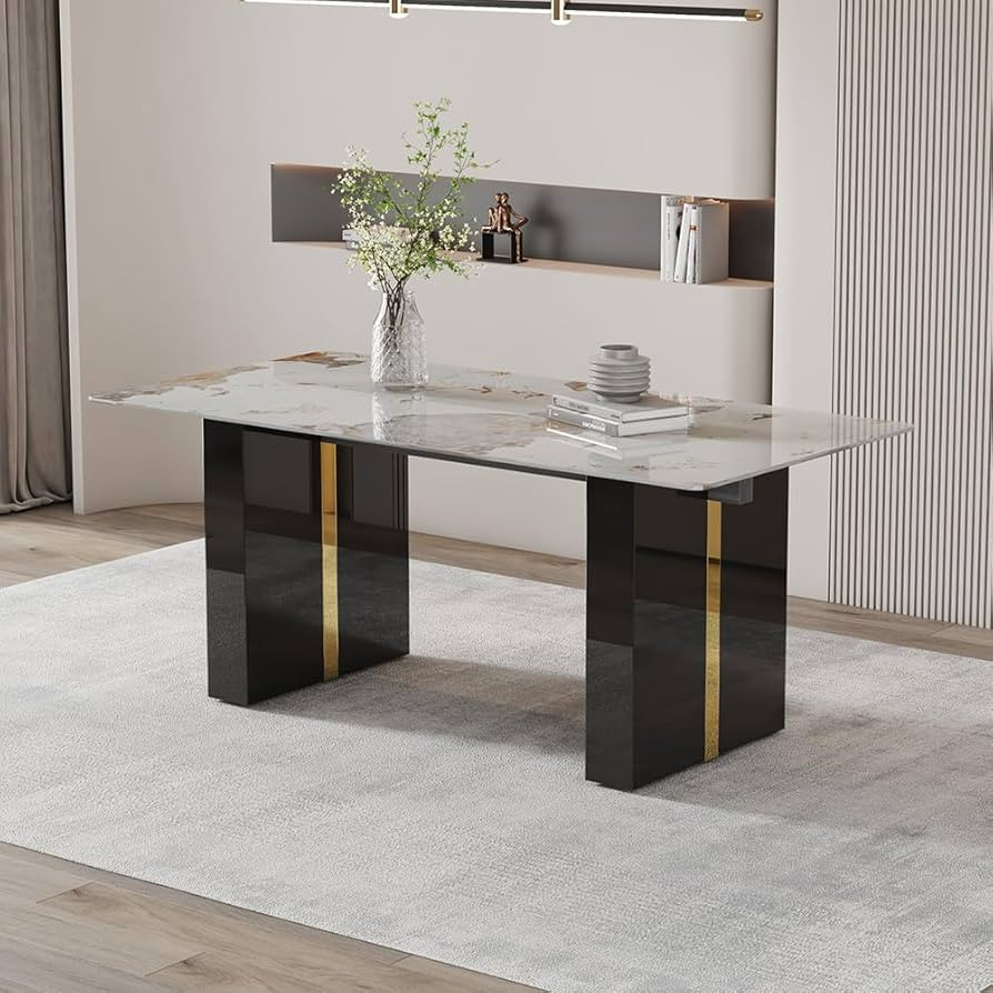 Modern Dining Table for 6 8, 71'' White Dining Table Faux Marble Dining Table Top with Black Gold... | Amazon (US)